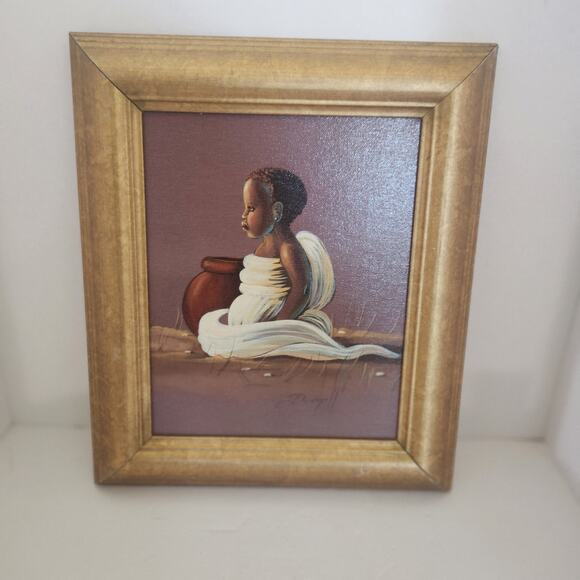 ELAINE DUNGILL AFRICAN CHILD GIRL W/ VASE LITHO ON CANVAS PAINTING FRAMED SIGNED - Picture 1 of 5